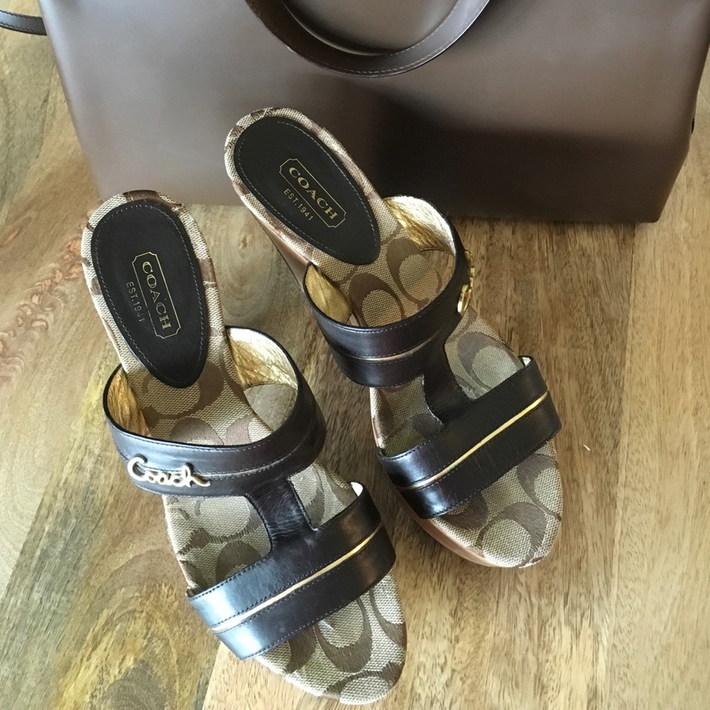 Brown leather Coach Jonah platform slide sandals